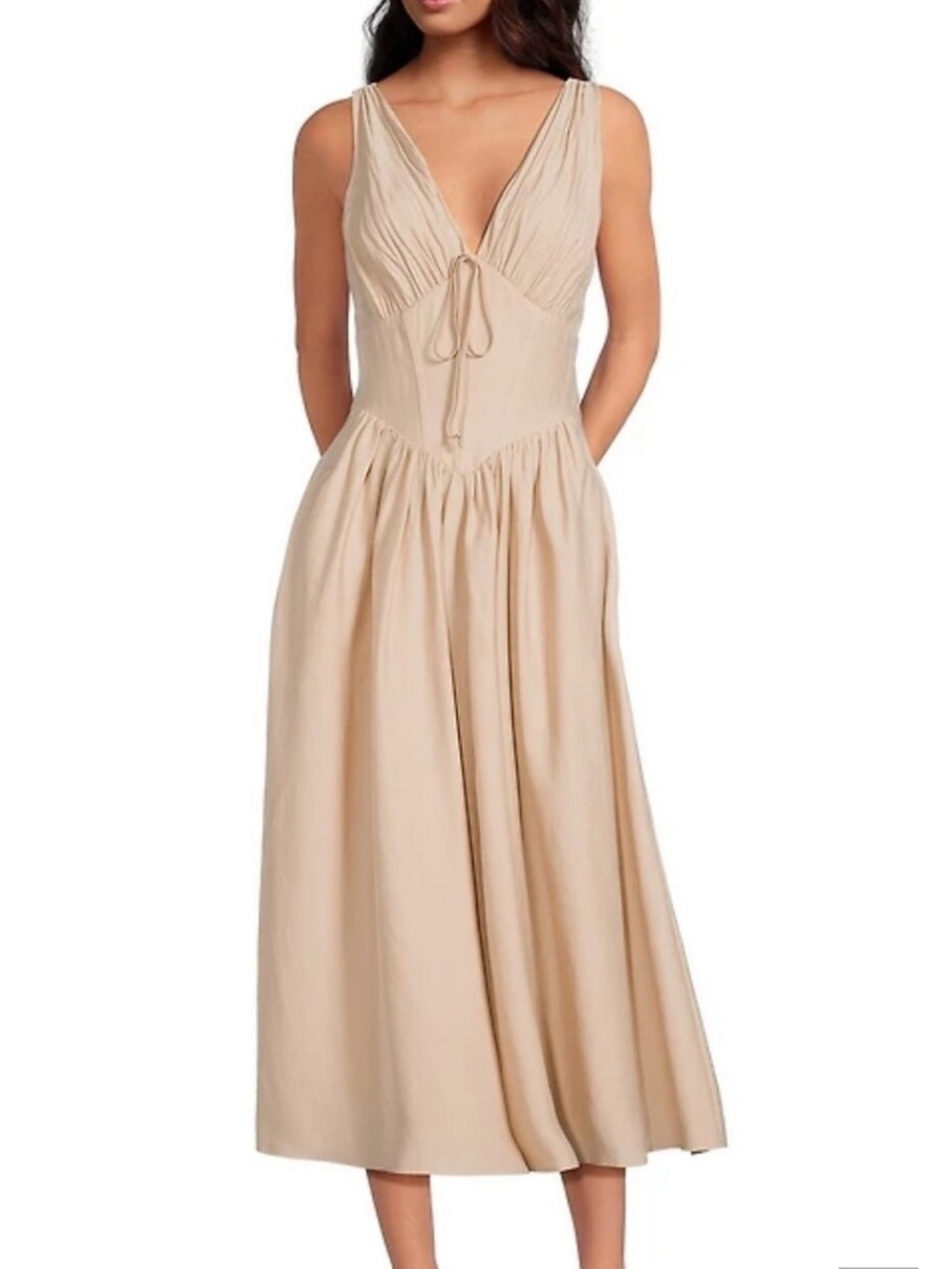 Gianni Bini Beige V-Neck corset Maxi Dress with Front Tie